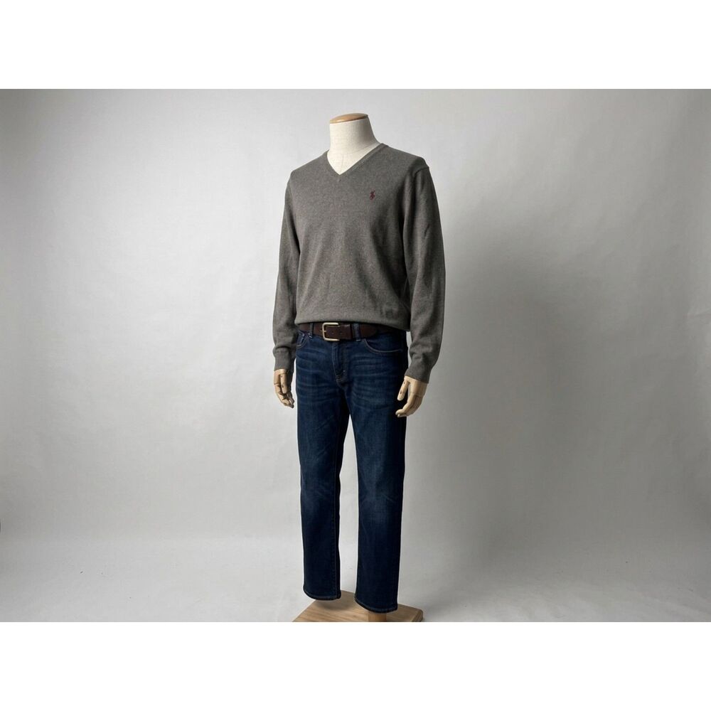 Polo Ralph Lauren Grey 100% Pima Cotton V-Neck Sweater Mens Size L Burgundy Pony